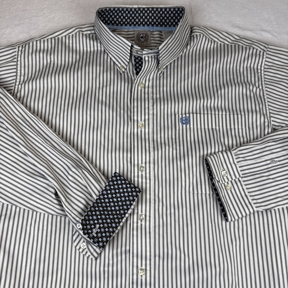 Cinch Button Down Shirt Mens Medium Long Sleeve White Striped Rodeo Western